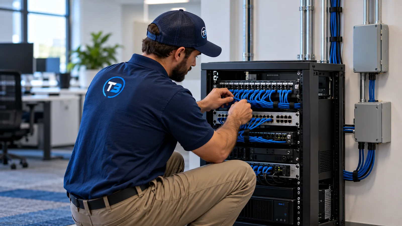 T3 technician organizing Ethernet cabling in a small-business network rack