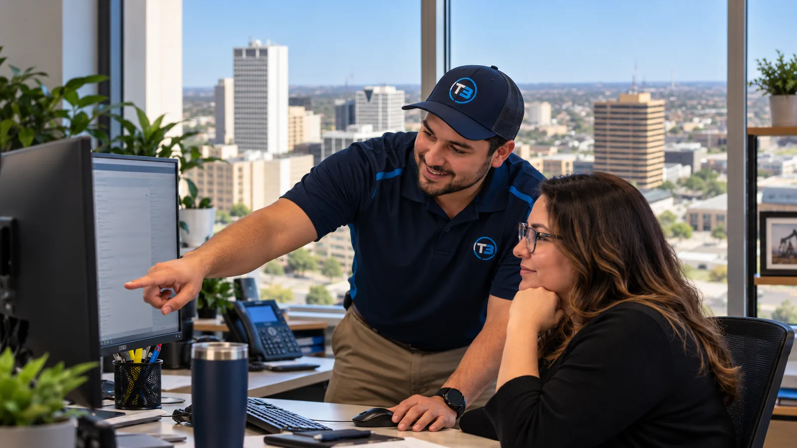 T3 technician helping a customer at a business workstation