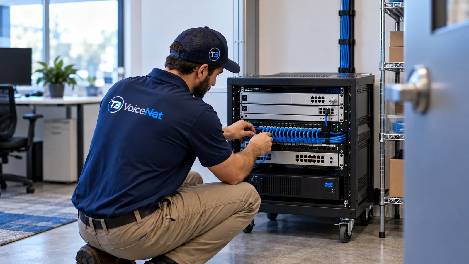 T3 technician working on a small-business network rack