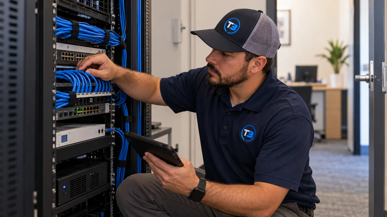 T3 technician maintaining network equipment in a compact rack