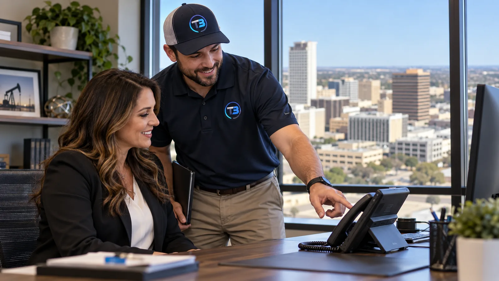 T3 technician demonstrating a business VoIP desk phone to a customer