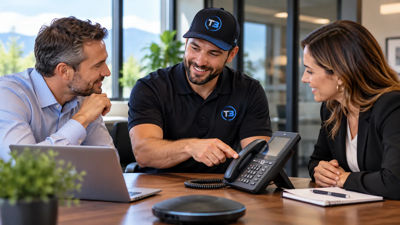 T3 technician discussing hosted business phone service with customers