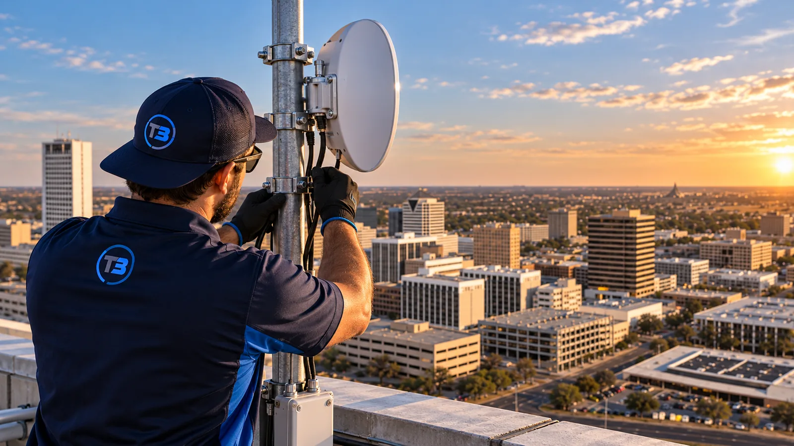 T3 technician working on wireless Internet equipment overlooking Midland, TX