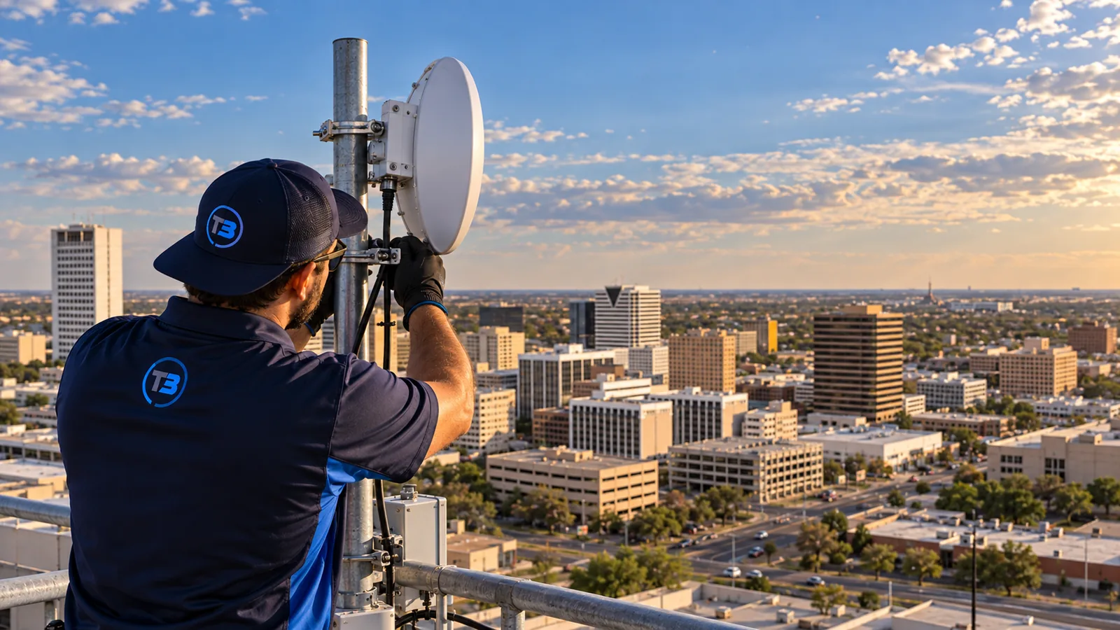 T3 technician servicing outdoor wireless equipment with Midland, TX in the background